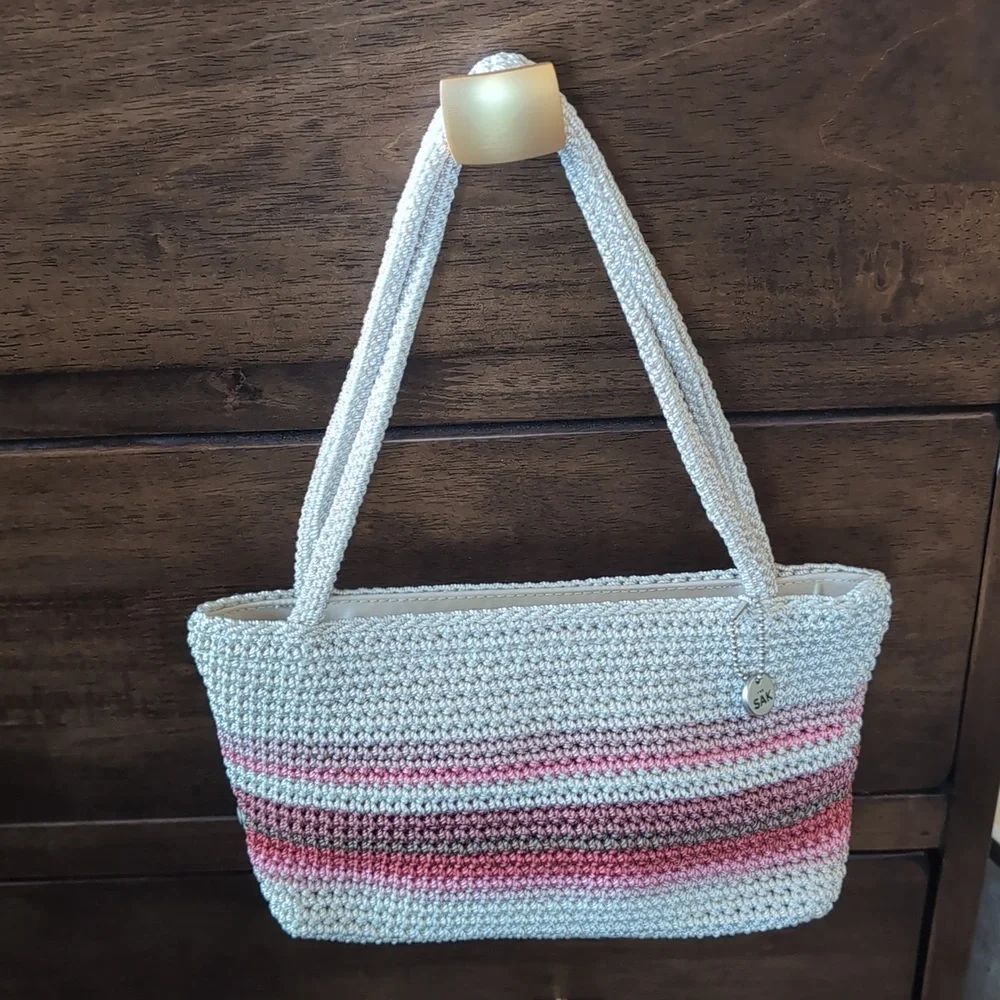 The Sak Crochet Mini Tote Shoulder Bag in Beige/ Pink Stripes NWOT